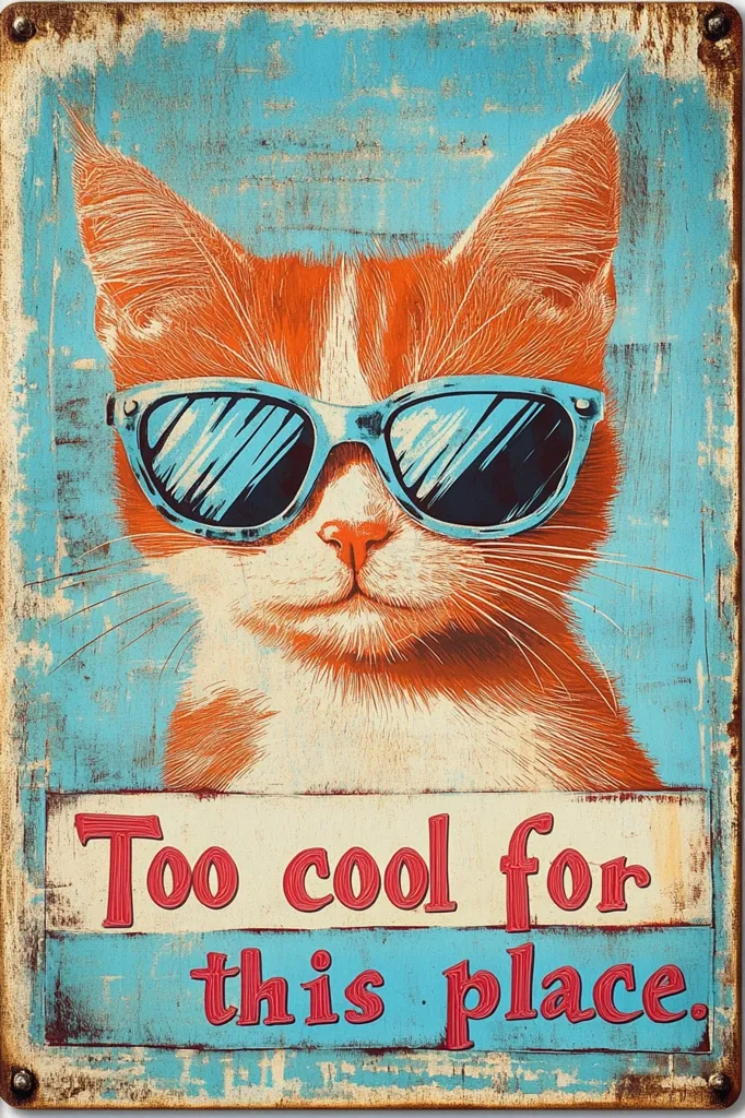 The image shows a vintage-style sign featuring a cat wearing sunglasses. The cat has a smug expression and the sign reads "Too cool for this place" in red letters against a blue background. The image has a distressed, weathered look.