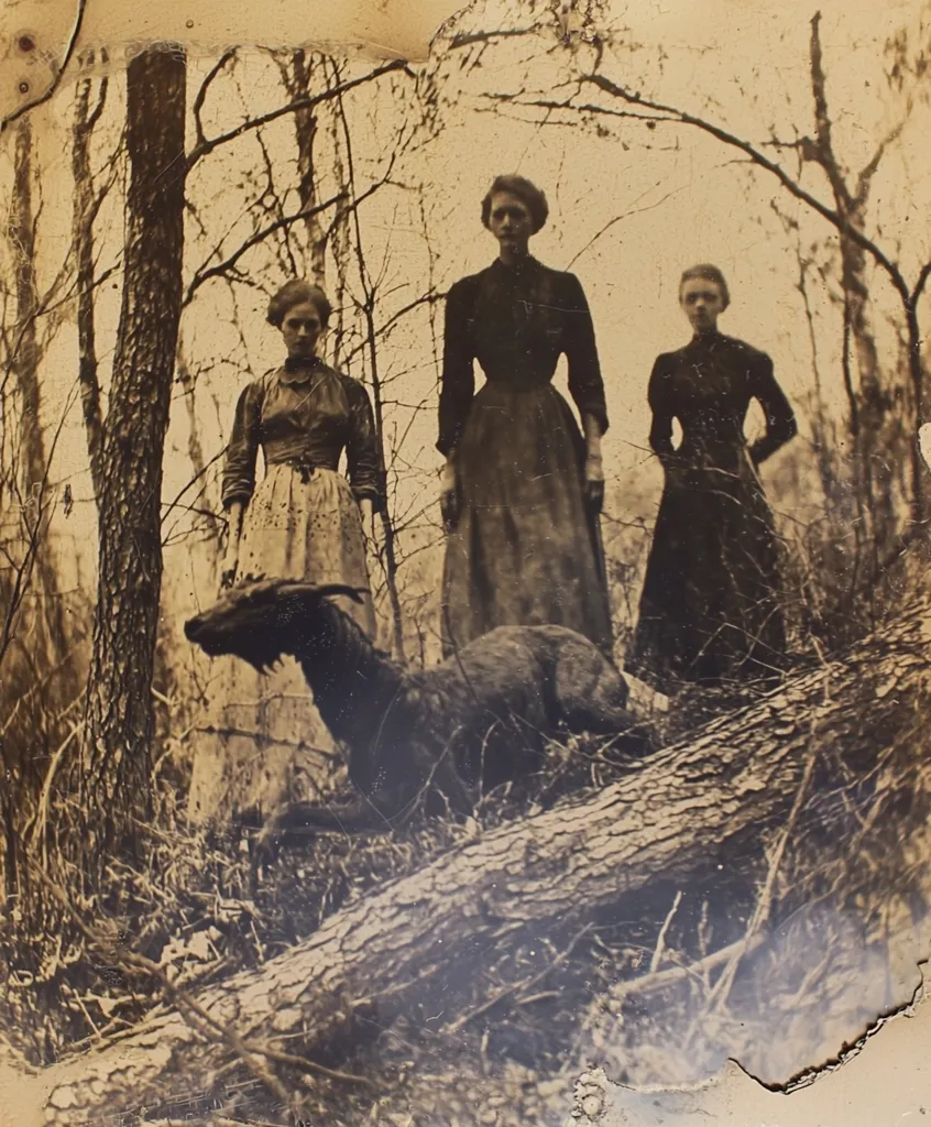 The image is an old sepia-toned photograph featuring three women standing in a wooded area. They are dressed in long, dark dresses and appear to be posed for the photo. A large dog or other animal is lying on a fallen log in the foreground, obscuring the lower portion of the women's bodies. The image has a slightly eerie or unsettling feel due to its age and the dark tones. The photograph appears to be faded and slightly damaged, adding to its historical charm.