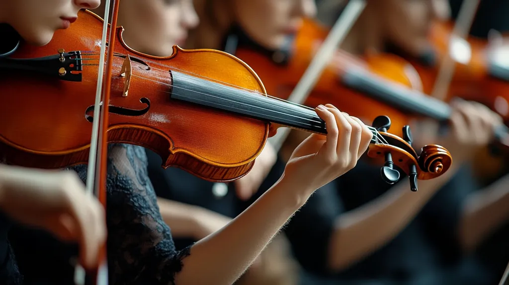 A close-up shot of a violinist playing their instrument. The violin is held in a classic playing position, with the bow drawn across the strings. The focus is on the violin, and the violinist's hand, but the blurry background suggests that other musicians are also playing. The scene conveys a sense of focus and dedication to the music.