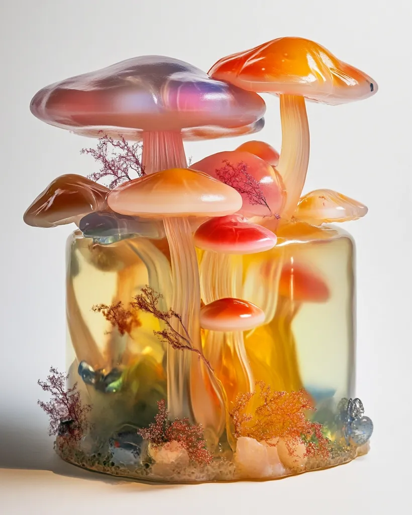 A cluster of vibrant, translucent mushrooms with pastel pink, orange, and red hues stand tall in a clear, resin-filled base.  Delicate, wispy seaweed and sparkling crystals adorn the base, creating a whimsical and otherworldly scene. The colors and textures evoke a sense of enchantment and wonder.