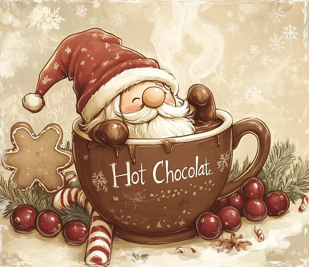 A jolly Santa Claus is submerged in a steaming mug of hot chocolate.  The mug has "Hot Chocolate" written on it in a festive font.  Surrounding the mug are gingerbread cookies, candy canes, holly sprigs, and red berries.  The background is a soft beige with snowflakes scattered throughout.  It evokes a cozy and cheerful holiday scene.