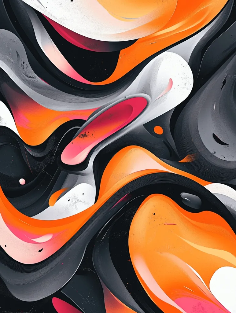 The image is an abstract design featuring a swirling mix of vibrant colors. Predominantly black, orange, pink, and white, the shapes are fluid and appear to be melting or flowing into one another. The background is a dark black canvas, allowing the colors to pop out in a bold and dynamic way. The overall effect is one of movement and energy.
