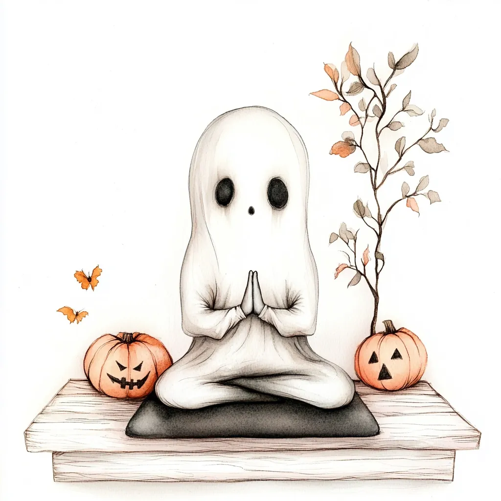 A ghost in a white sheet sits in a meditative pose on a wooden platform. They have large, dark eyes and are holding their hands together in front of their chest. There are two small orange pumpkins and two butterflies on either side of the ghost. A small tree with brown branches and orange leaves sits to the right. The image is drawn in a whimsical style with soft shading.  The overall feeling is peaceful and serene.