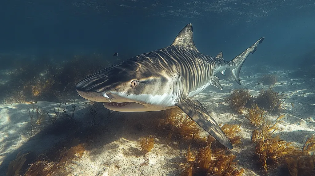 A tiger shark with distinctive stripes swims through clear blue water. The shark's eye is visible, and its mouth is slightly open, revealing rows of sharp teeth. The sandy ocean floor is covered in patches of seaweed. The sunlight filtering through the water creates a hazy, underwater atmosphere.