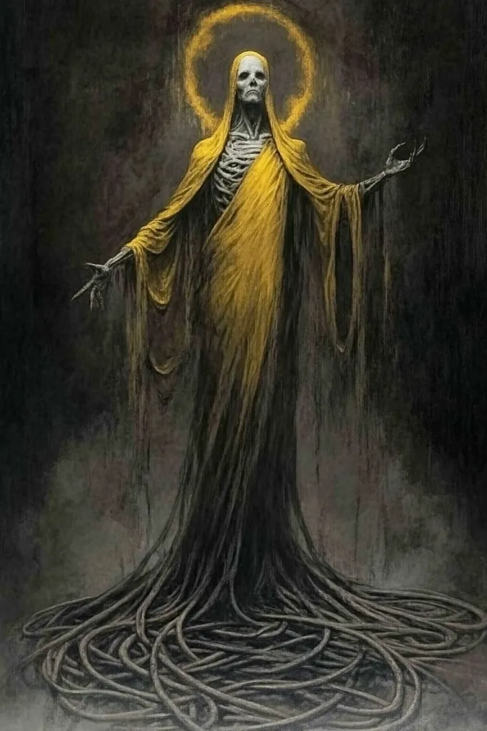 A skeletal figure with a pale face is depicted in the painting. The figure is draped in a flowing yellow robe, its form emanating from a pool of thick, black, interconnected cords that resemble roots or veins. A golden halo hovers above the figure's head, casting a soft glow on the surrounding darkness. The image evokes a sense of otherworldliness, mystery, and perhaps even a hint of unease.