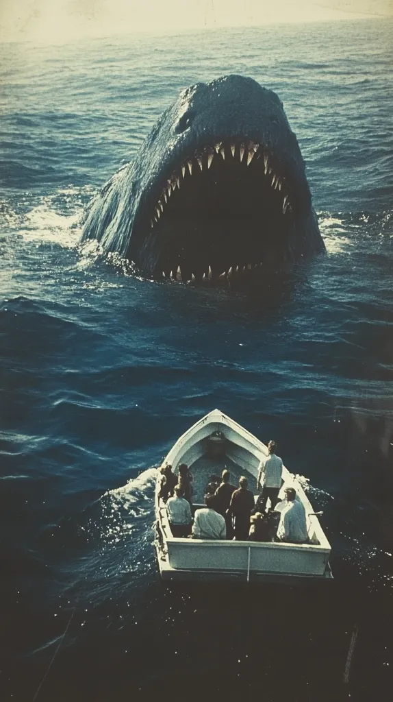 A large, menacing shark with its jaws wide open looms over a small boat filled with people. The water is dark and choppy, creating an ominous atmosphere. The shark's sharp teeth and powerful presence create a sense of fear and danger, suggesting an impending threat to the people in the boat. The scene evokes a sense of vulnerability and the overwhelming power of nature.