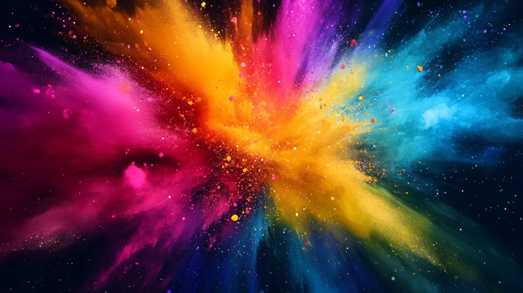 A vibrant explosion of color bursts forth from a central point, radiating outwards like a cosmic nebula. Swirls of pink, orange, yellow, and blue blend together, creating a mesmerizing and abstract display. Tiny flecks of color add a sense of depth and dimension to the image, resembling distant stars against a dark backdrop. The overall effect is both energetic and serene, evoking a sense of awe and wonder.