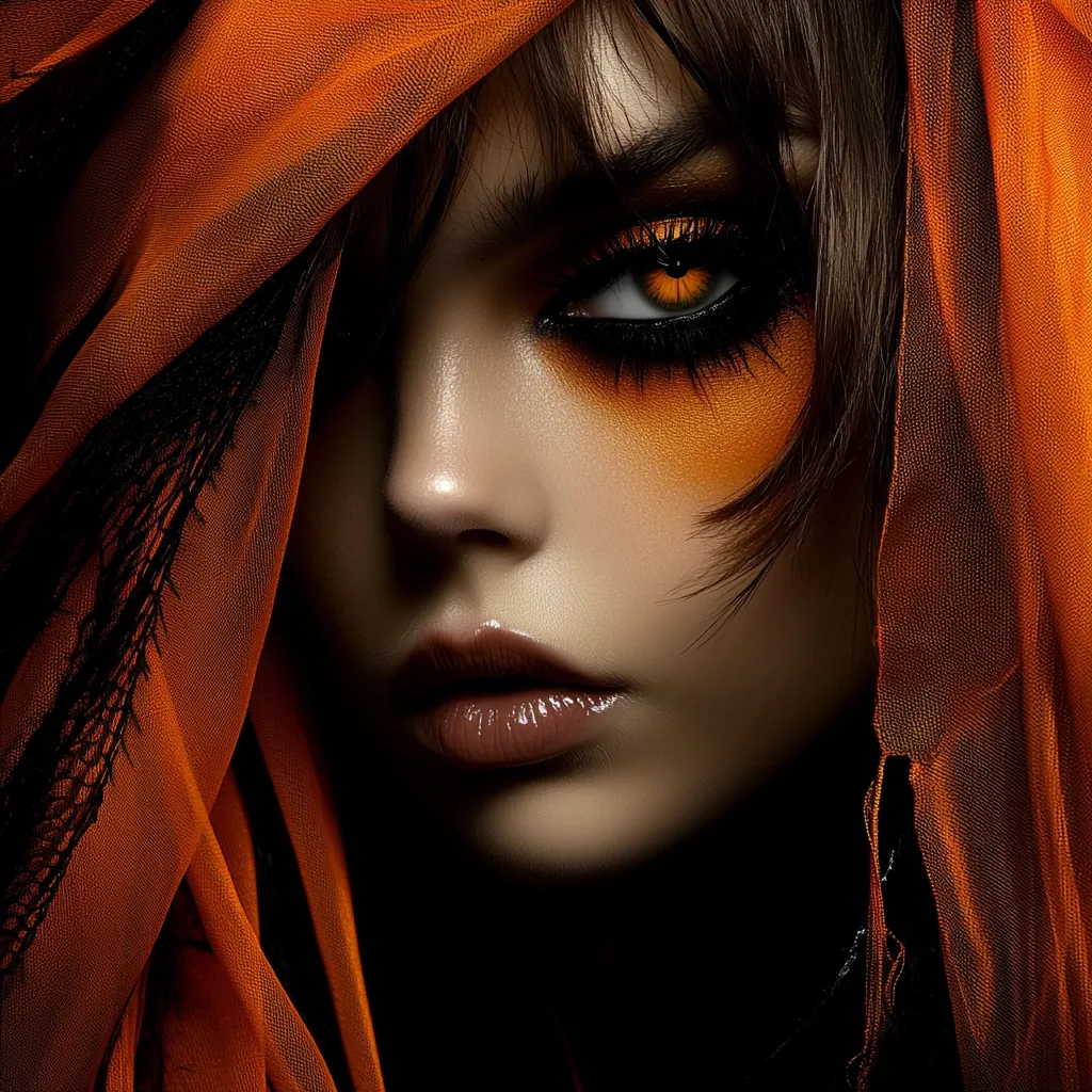 The image shows a close-up of a woman's face, partially obscured by a flowing orange fabric. Her right eye is intensely focused, accentuated by bold black eyeliner and a bright orange contact lens. The orange tones of her makeup and the fabric create a dramatic and alluring effect.  Her lips are slightly parted, suggesting a hint of mystery. The overall mood is dark and alluring, hinting at a captivating personality.