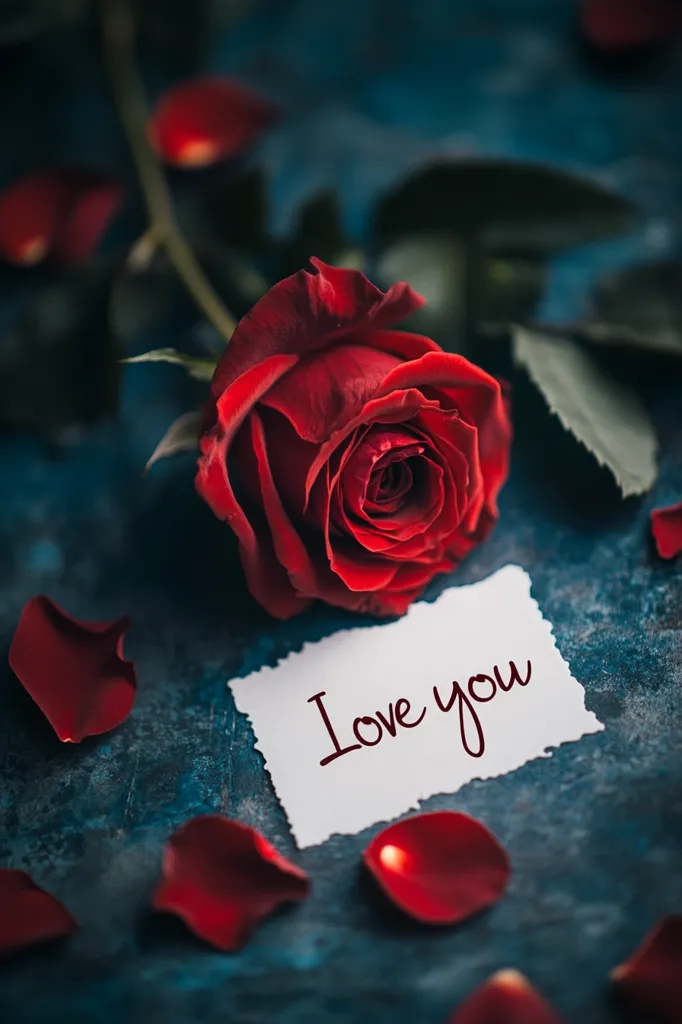 A single red rose lays on a dark blue surface, with petals scattered around it. A white card with the words "Love you" written in red is placed near the rose. The image evokes feelings of love and romance, with the rose symbolizing passion and the card conveying a heartfelt message. The dark background adds a touch of mystery and intimacy.