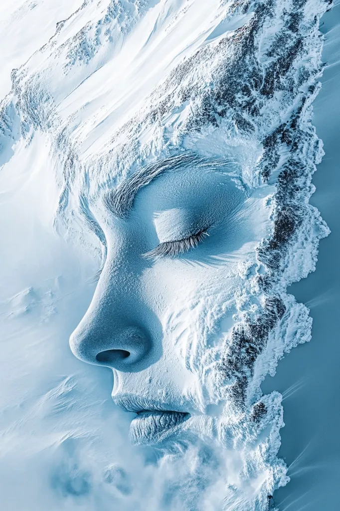 The image shows a close-up of a woman's face, partially obscured by a frozen, snow-covered landscape. The woman's eyes are closed, and her skin is pale and icy. The snow and ice have formed intricate patterns, resembling a mountain range, on her face. The background is a blurry, blue expanse, suggesting a cold and desolate environment. The image evokes a sense of mystery and solitude, with the woman's frozen face appearing as a symbol of nature's powerful and transformative force.