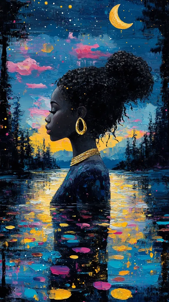 The painting depicts a Black woman with her back to the viewer, standing in a body of water. Her hair is long and curly, and she wears a blue dress and gold jewelry. The background is a starry night sky with a crescent moon, and there are trees in the distance. The woman's reflection is visible in the water, along with splashes of colorful paint. The painting is a beautiful and evocative depiction of a Black woman in nature.