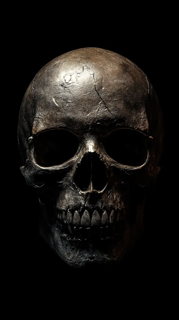 A human skull, rendered in a dark, almost metallic grey, is shown in close-up against a pitch black background.  The skull's empty eye sockets stare directly at the viewer, adding an eerie and unsettling quality to the image.  The skull's teeth are bared in a grotesque grin.  The lighting is subtle, casting shadows across the skull's surface.  This image evokes a sense of death, decay, and the macabre.