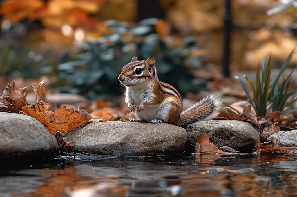 A chipmunk sits on a rock by a stream, its bushy tail curled behind it. It is looking off to the side with an alert expression. The stream is calm and reflective, and the background is blurred with autumn leaves and greenery.  The chipmunk is surrounded by fallen leaves, hinting at the changing seasons.