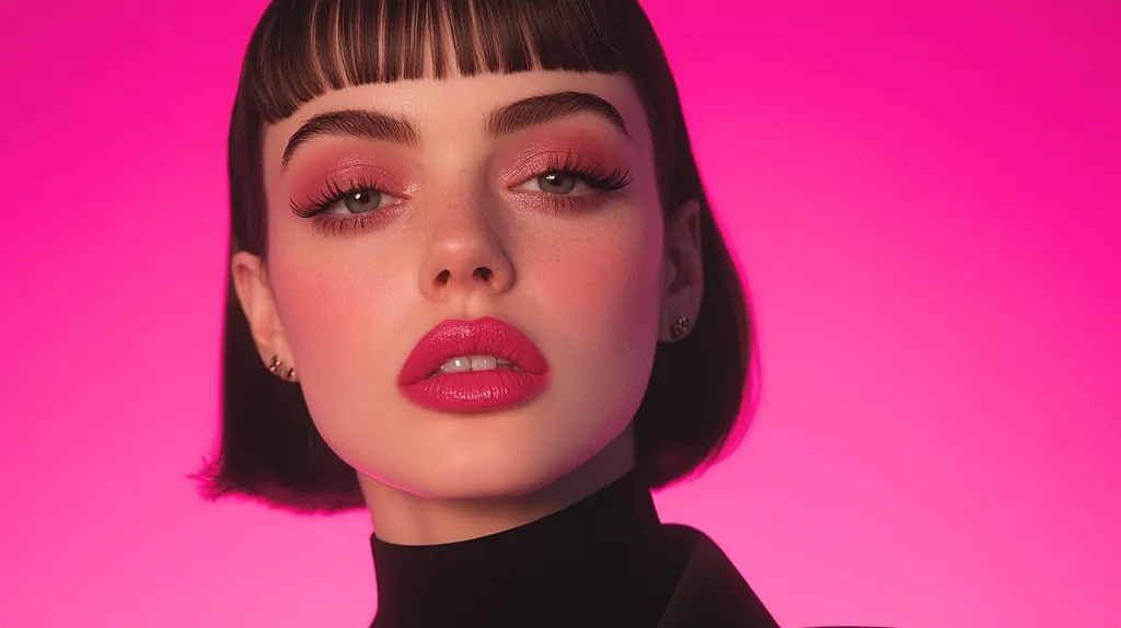A young woman with short, black hair and bangs is looking directly at the camera. Her makeup is dramatic, with bright pink eyeshadow, thick eyelashes, and bold pink lipstick. She is wearing a black turtleneck sweater. The background is a bright pink color.
