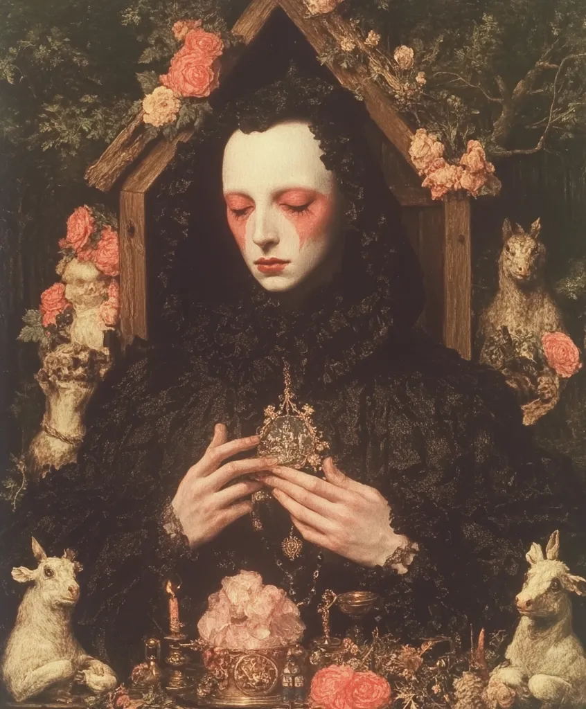 A woman in a black lace dress and a white face with pink accents sits in a wooden frame adorned with pink roses and small white lambs. She gazes downward with her eyes closed, her hands clasped around a small golden object. She is surrounded by a variety of objects, including candles, flowers, and a chalice. The overall mood of the painting is one of solemnity and mystery.