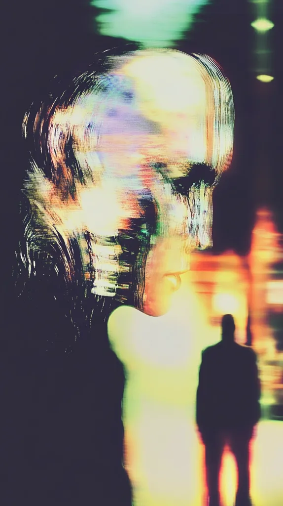 The image is a blurry and abstract portrait of a person, possibly a woman, with a dark background and a colorful, distorted face. The image is reminiscent of a glitch or a digital error. The face is rendered in shades of green, yellow, and pink, while the background is dark and blurry, suggesting a sense of mystery or isolation. A figure stands in the background, partially obscured by the blur, creating a feeling of anonymity and distance. The overall impression is one of fragmentation, both visually and emotionally,  with a focus on the blurred and distorted nature of human perception.