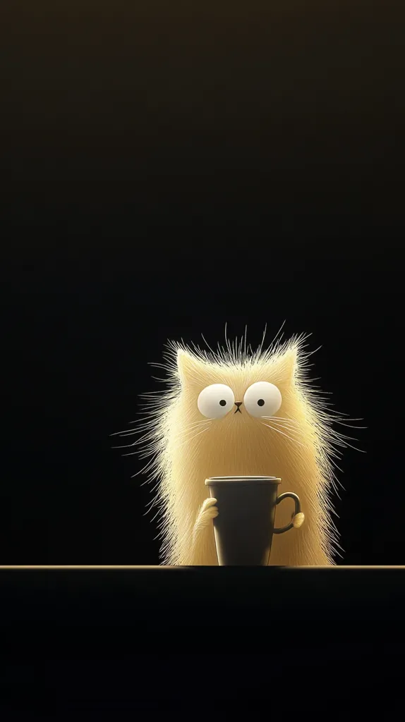 A fluffy, white cat with large, round eyes sits at a table in a dimly lit room. The cat is holding a dark grey mug with both paws and is looking directly at the viewer. The cat's fur is illuminated, creating a soft glow against the dark background.