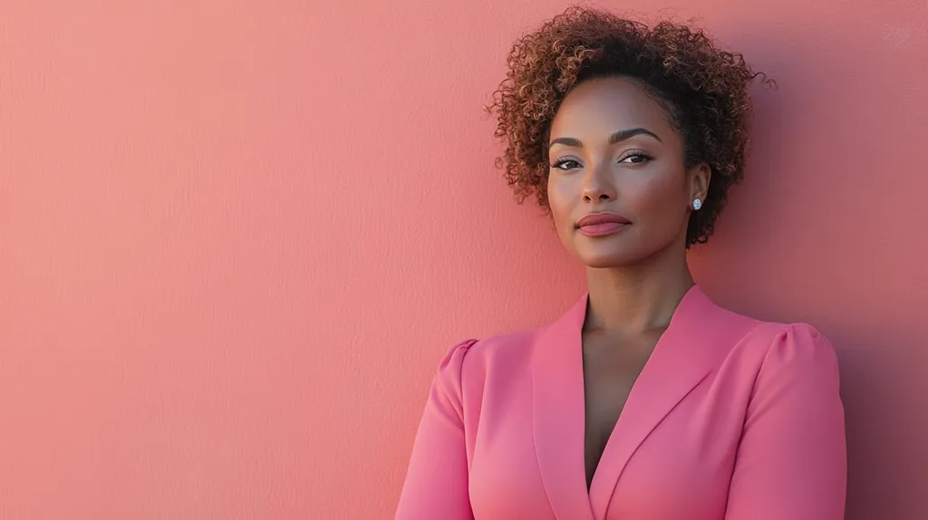 A woman with dark skin and curly brown hair is wearing a pink blazer and looking directly at the camera. She has a confident expression and is standing in front of a pink wall. She is wearing a simple silver earring. The image is well lit, and the woman's features are sharp and defined.  The background is blurred.