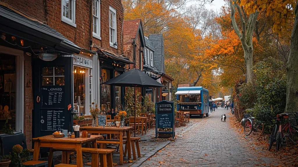 A cobblestone street lined with brick buildings and autumn trees. A cafe spills out onto the sidewalk with tables and chairs under a black umbrella. A food truck is parked on the opposite side of the street, with people walking by. The trees are ablaze with orange and yellow leaves, creating a vibrant fall scene.