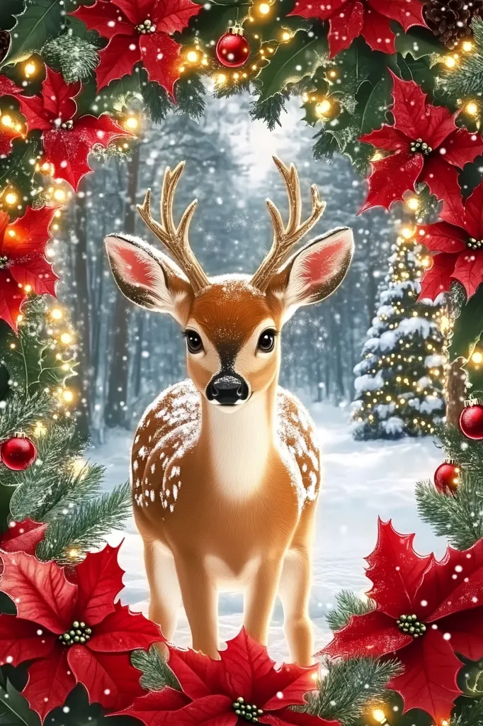 A young deer stands in a snowy forest, framed by a wreath of red poinsettias and evergreen branches. The deer has large, soft eyes and a gentle expression, looking directly at the viewer. The scene is illuminated by warm string lights and dusted with snow, creating a magical and festive atmosphere.