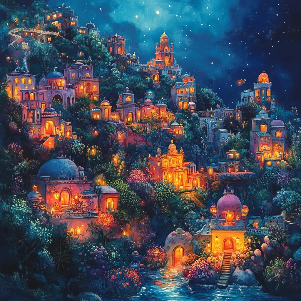 The image depicts a small, charming town nestled on a hillside. The buildings are brightly lit, creating a warm and inviting atmosphere. Lush greenery surrounds the town, and the sky above is a deep blue, dotted with sparkling stars. A river flows through the town, reflecting the twinkling lights. The scene is peaceful and serene, and it evokes a sense of wonder and enchantment. The town's unique architecture, with its mixture of traditional and modern styles, adds to its visual appeal.