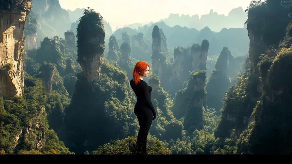 A woman with fiery red hair stands on a cliff overlooking a breathtaking landscape. Towering rock formations pierce the sky, creating a dramatic and awe-inspiring vista. Lush greenery covers the valley, while a soft mist hangs in the air, adding to the sense of mystery and wonder. The woman's silhouette against the natural splendor creates a striking contrast, highlighting the vastness of the natural world.