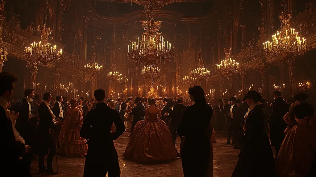 A grand ballroom, illuminated by glittering chandeliers and flickering candlelight, is filled with elegantly dressed guests. The ornate decor and rich fabrics create a luxurious atmosphere. People mingle and dance, their silhouettes barely visible in the dim light.  The scene exudes a sense of opulence and grandeur, capturing the essence of a lavish social event in a historical setting.