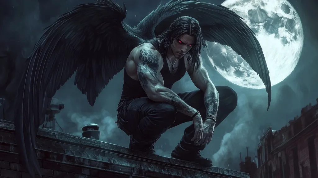 A muscular, dark-haired man with piercing red eyes crouches on a rooftop, his enormous black wings spread wide behind him. The full moon illuminates the scene, casting an eerie glow on the man's menacing expression. His attire is dark and casual, with a hint of rebellion. The image evokes a sense of power and mystery, suggesting a supernatural being with a hidden agenda.