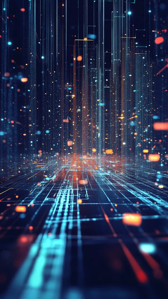 The image depicts a digital landscape with a futuristic aesthetic. A grid pattern dominates the foreground, composed of glowing blue lines. The background is filled with vertical lines of light, some orange, some blue, creating a sense of depth and perspective. The entire scene is dotted with vibrant, colored orbs, resembling stars or data points, adding a sense of movement and energy. This composition evokes a sense of a complex and dynamic digital world, suggesting themes of technology, connectivity, and the future.