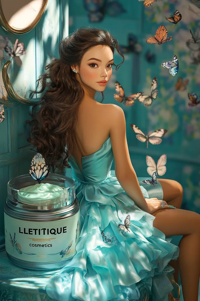 A young woman with long brown hair, wearing a turquoise strapless dress, sits in a whimsical setting with a jar of Lletitique cosmetics in front of her. She is surrounded by butterflies in shades of blue, orange, and white. The background features a teal wall and a shimmering, ornate mirror. The overall scene is light, airy, and romantic.