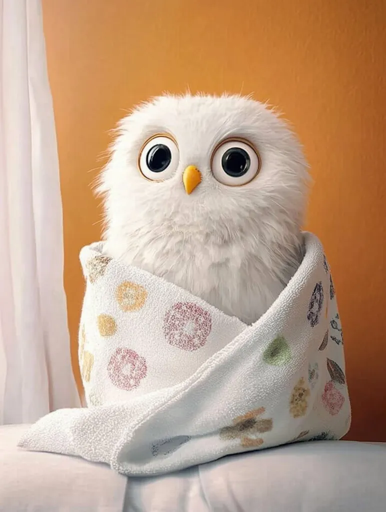 A white owl with large, black eyes is nestled in a white towel with colorful patterns. The owl's head is peeking out of the towel, looking at the viewer with a curious expression. The background is a warm orange color, with a white curtain partially visible on the left. The owl's fluffy feathers and the soft towel create a cozy and inviting image.