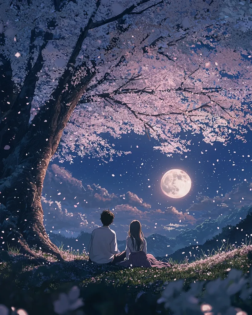 A young couple sits under a blooming cherry blossom tree, gazing at the full moon in the night sky.  The air is filled with falling petals and stars, creating a romantic and ethereal atmosphere. The image evokes a sense of peaceful tranquility and the beauty of nature.  The couple's silhouetted figures suggest a shared moment of intimacy and connection.