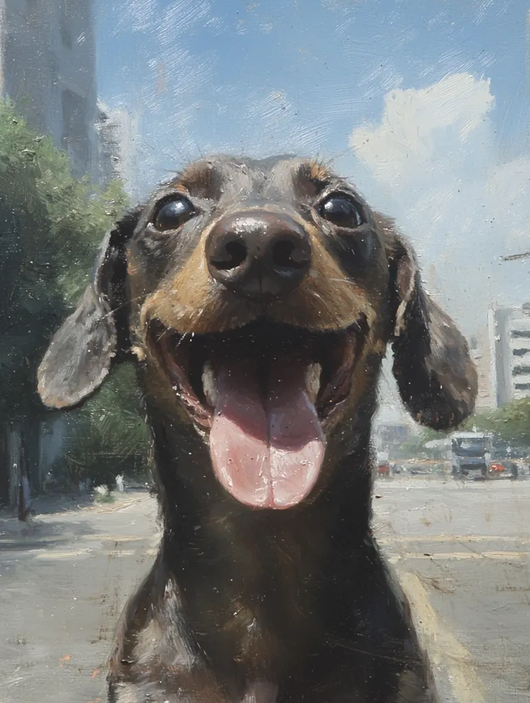 A black and brown dog, possibly a dachshund, is shown from the chest up. The dog has its tongue out and is smiling. It is standing on a city street with a blurred background of cars and buildings. The sky is blue with a few white clouds. The painting is done in a realistic style with visible brushstrokes.