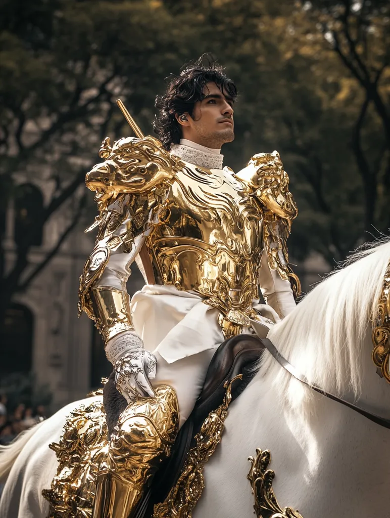 A man in ornate gold armor, with long dark hair, sits astride a white horse. His armor is intricately detailed with a dragon design and a  long spear rests in his hand. The horse is adorned with golden embellishments, complementing the rider's armor. The background features a blurred image of trees, creating a sense of depth.  The man gazes towards the right with a stern expression.