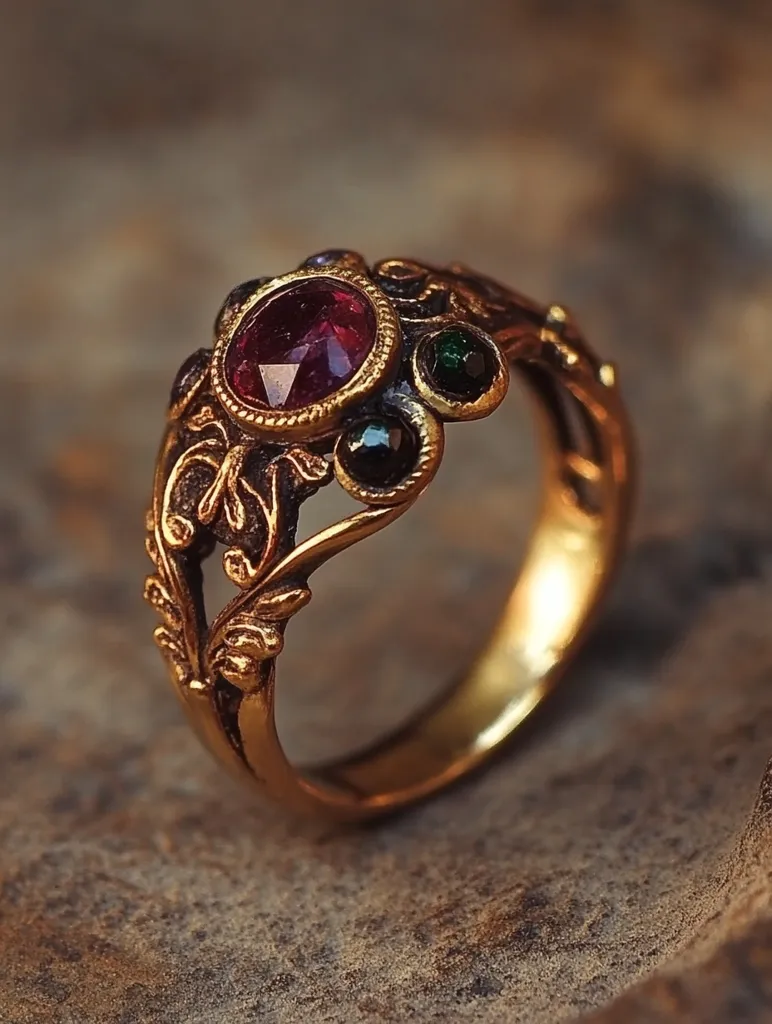 The image shows a gold ring with intricate floral details and a large ruby-like gemstone set in the center. The ring is adorned with smaller green and black gemstones, adding to its elegance and sparkle. It appears to be a vintage piece, crafted with exquisite detail and showcasing the beauty of precious stones.  The ring rests on a textured surface, enhancing its visual appeal.