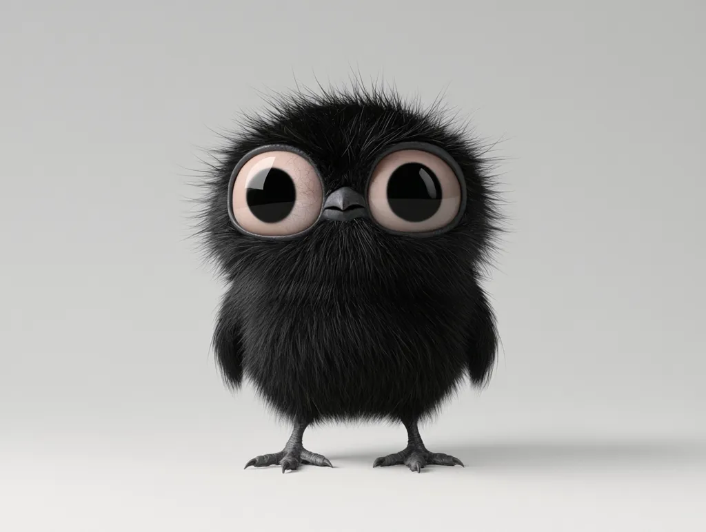 A small, black, fluffy bird with large, round eyes stands against a white backdrop.  The bird's feathers are soft and appear to be made of fur.  It has tiny, black feet. The bird's eyes are wide and innocent, giving it a cartoonish and adorable appearance.