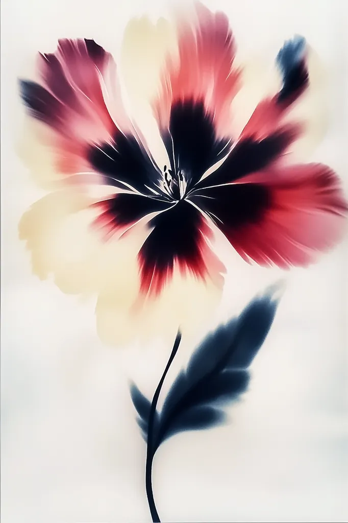 The image is a watercolor painting of a single flower with a dark black center and petals that fade from a deep burgundy to a soft yellow.  The flower is in the foreground with a single dark blue leaf in the background.  The painting has a soft, ethereal feel.