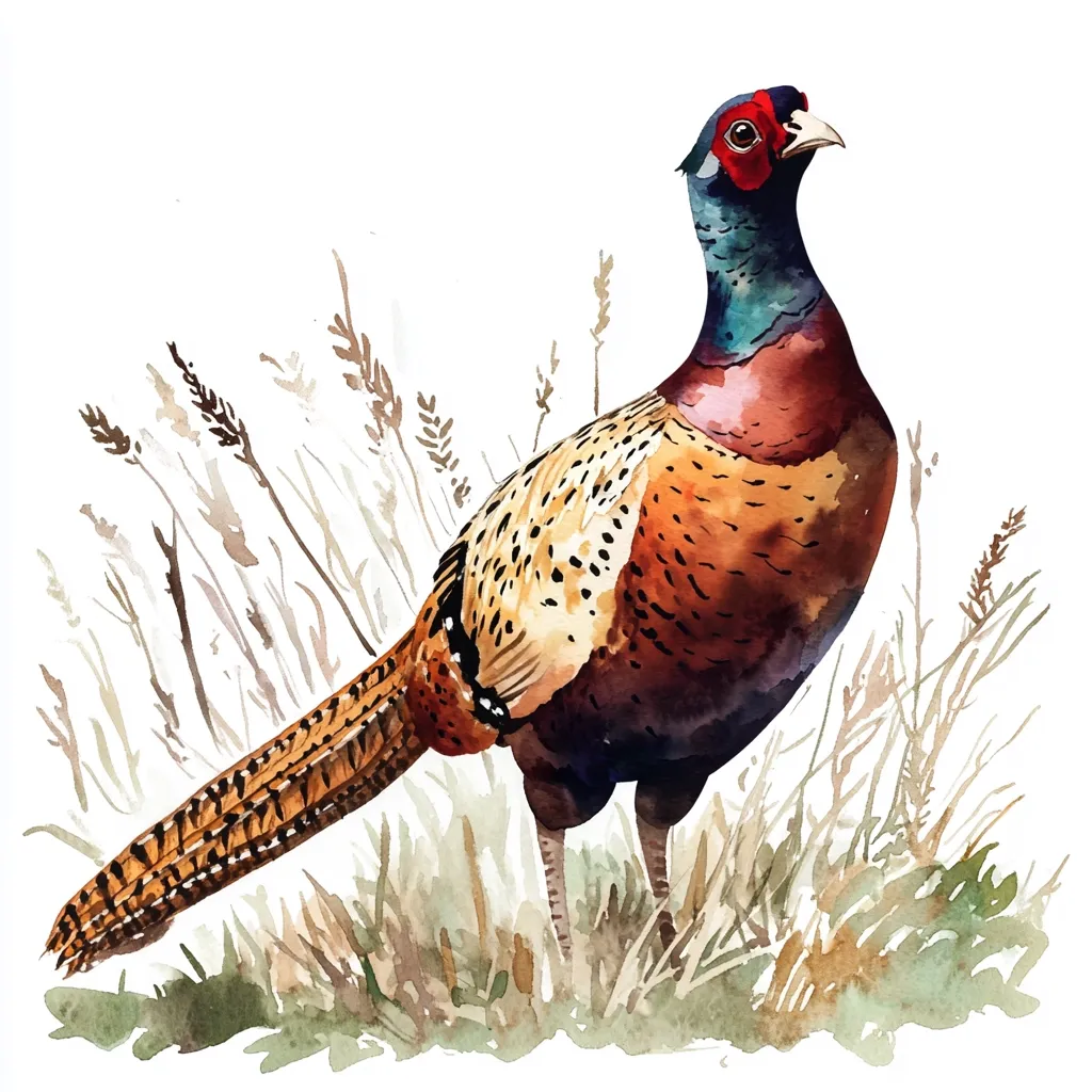 A watercolor painting of a pheasant standing in tall grass. The pheasant has a long, flowing tail, and its feathers are a beautiful mix of brown, red, and white. The bird's head is held high, and it looks alert and watchful. The grass is a soft, muted green, and the background is a simple white. The painting is a beautiful example of the artist's skill in capturing the delicate details of nature.