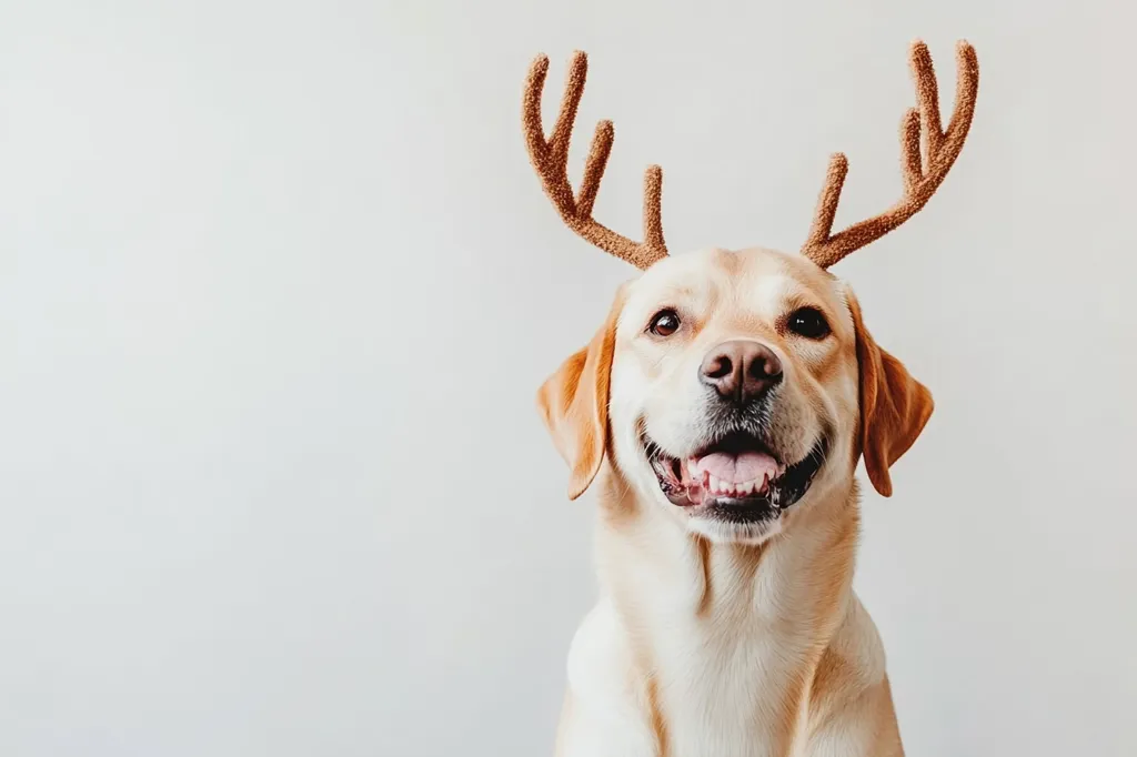 A golden retriever dog is wearing a reindeer antler headband. The dog is looking directly at the camera with its mouth slightly open, revealing its teeth. The dog's fur is light brown and its eyes are brown. The background is a plain white wall. The dog looks playful and happy.