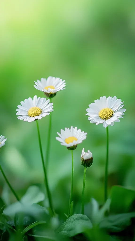 Five delicate white daisies with yellow centers bloom against a soft green background. The flowers are in various stages of bloom, with some fully open and others still in bud. The image evokes a sense of springtime and new beginnings.