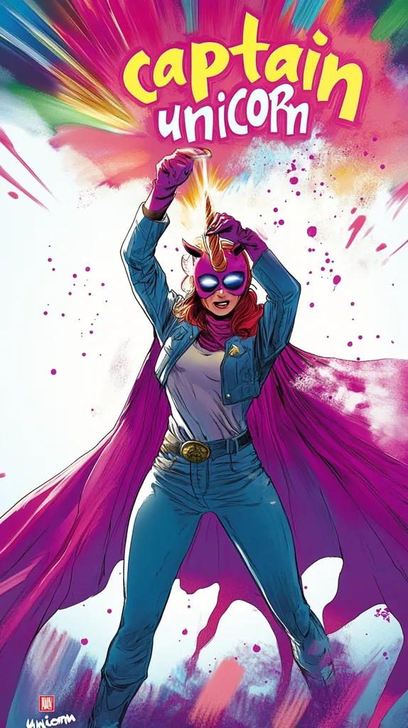 The image depicts a female superhero, "Captain Unicorn," in a dynamic pose. She wears a pink mask with a unicorn horn and a purple cape. She is in the midst of a powerful blast of energy, with colorful streaks of light emanating from her. The background is a vibrant mix of pink, purple, and white, suggesting a magical and whimsical setting. The title "Captain Unicorn" is prominently displayed in yellow, adding to the playful and superheroic theme.
