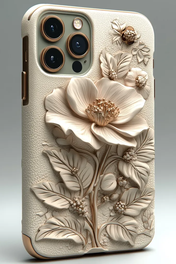 The image shows a white iPhone case with a gold trim. The case features a 3D floral design, with a large flower in the center and smaller flowers and leaves surrounding it. The phone's camera lens is visible in the upper left corner, surrounded by a gold ring. The case has a textured surface, giving it a luxurious and elegant look.
