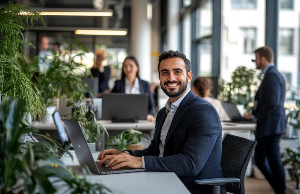 A man in a suit smiles at the camera while sitting at his desk in an office. He is using a laptop and there are many plants in the room. A colleague in the background is also working. The office is modern with large windows.  The man looks confident and happy.