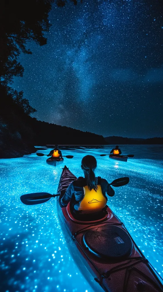 A person paddles a kayak on a bioluminescent body of water. The water is a vibrant blue, with countless tiny glowing organisms creating a magical spectacle. In the distance, two other kayaks can be seen, and the night sky above is adorned with a brilliant display of stars and a milky way. The scene evokes a sense of awe and wonder at the beauty of nature.