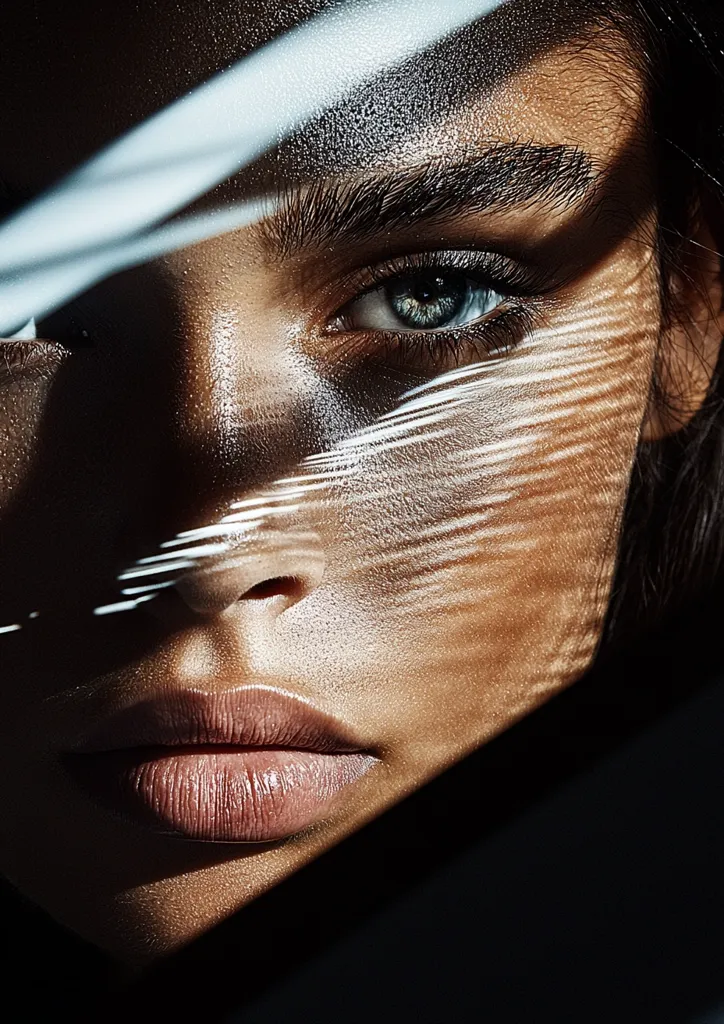 The image shows a close-up of a woman's face. Her right eye is visible, with long lashes and blue irises, while her left eye is obscured by shadows.  Her face is bathed in a soft light that creates abstract patterns, as if cast by sunlight through a window.  The light creates a contrast against her dark hair and the dark background.  Her full, slightly parted lips are a focal point, making the image sensual and mysterious.
