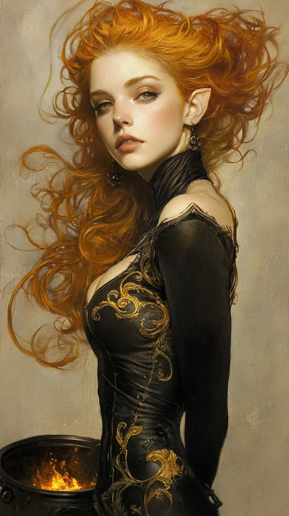 A woman with long, flowing ginger hair and pointed ears stands with a cauldron at her feet. She wears a black dress with ornate golden embroidery and a thoughtful expression on her face. The image is rendered in a painterly style, capturing the woman's beauty and mysterious aura. The warm lighting casts a soft glow on her skin and hair.  The composition creates a sense of intimacy, drawing the viewer into the woman's world.