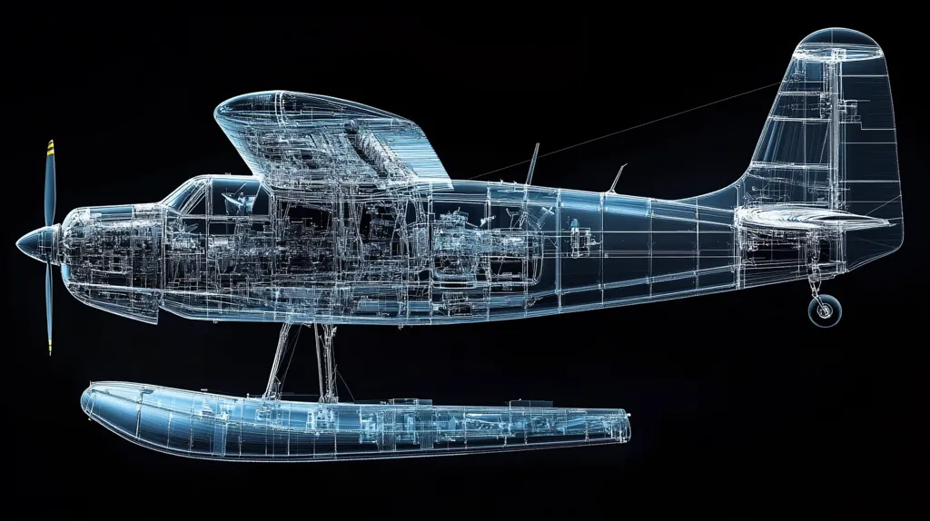 The image depicts a wireframe model of a seaplane, rendered in translucent blue against a black background. The aircraft is viewed from the side, showing its intricate internal structure, including the engine, wings, and floats. The seaplane's propeller is visible, along with its landing gear, which is retracted. The image suggests a technical or engineering drawing, emphasizing the aircraft's design and construction.