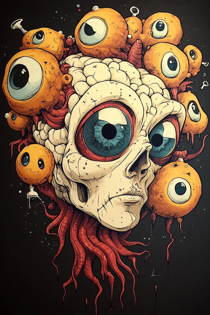 A grotesque, cartoonish figure with a large, white skull-like head, surrounded by numerous large, yellow eyes with black pupils. It has a single, large, blue eye, and its face is contorted into a grimace. The figure is attached to a long, flowing, red beard-like appendage that seems to be dripping with viscous fluids. The overall impression is one of strange, alien beauty and disturbing grotesqueness.