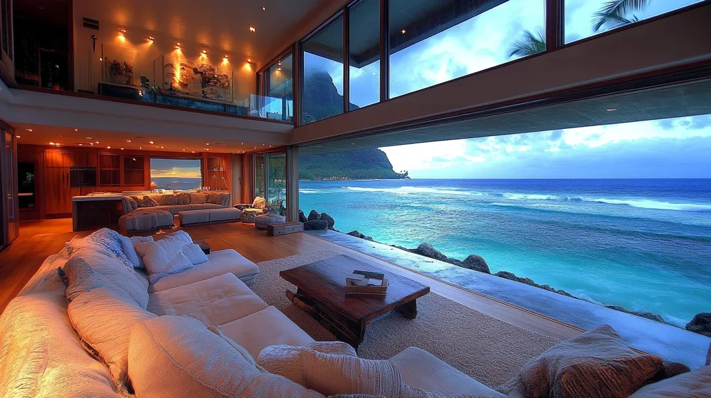 A modern living room with floor-to-ceiling windows showcasing a stunning ocean view. The room is furnished with comfortable white couches and a wooden coffee table. The view features a deep blue ocean, white waves crashing on a rocky shore, and a mountain range in the distance. The interior is lit with warm light, creating a cozy and inviting atmosphere.