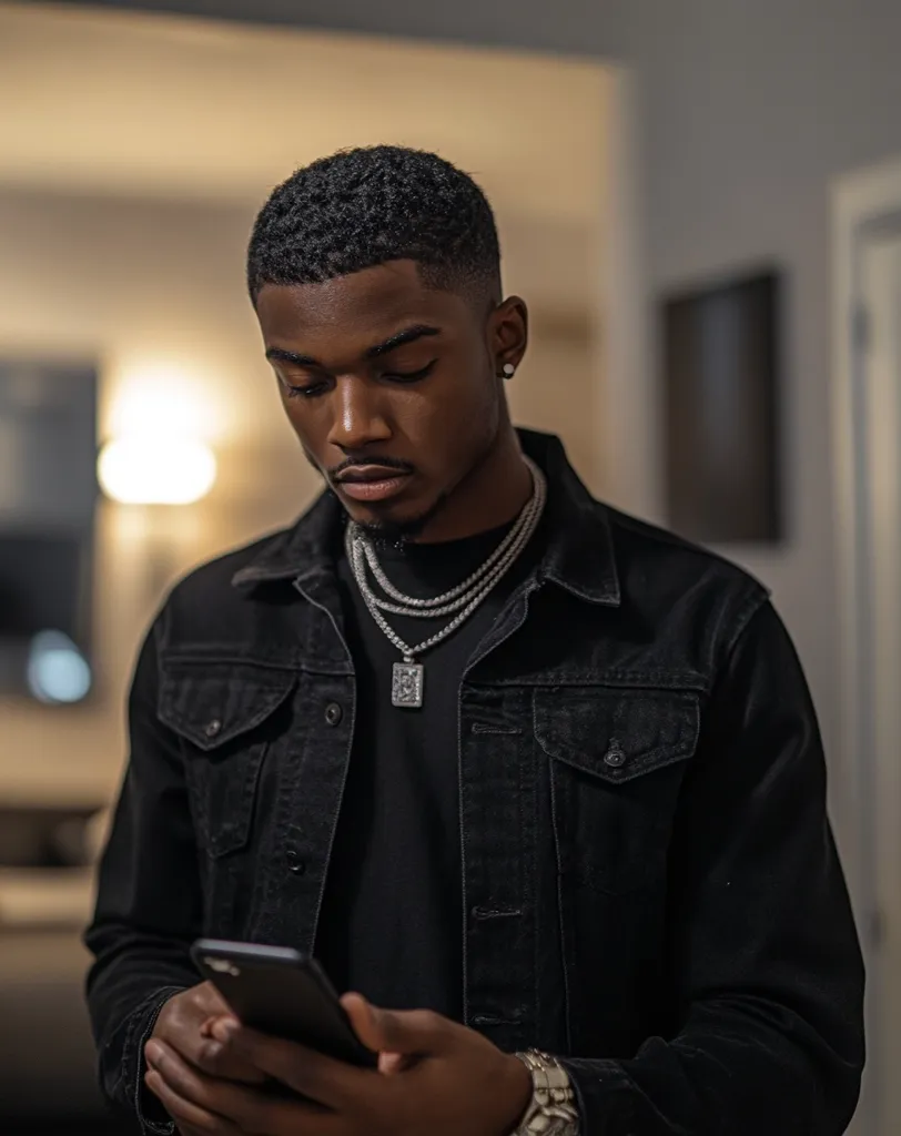 A young Black man with a short haircut is wearing a black denim jacket and a black shirt. He is looking down at his phone, which he is holding in his hands. He has on multiple silver chains around his neck. The background is out of focus and there is a lot of light in the room.  He is in a relaxed, casual pose.